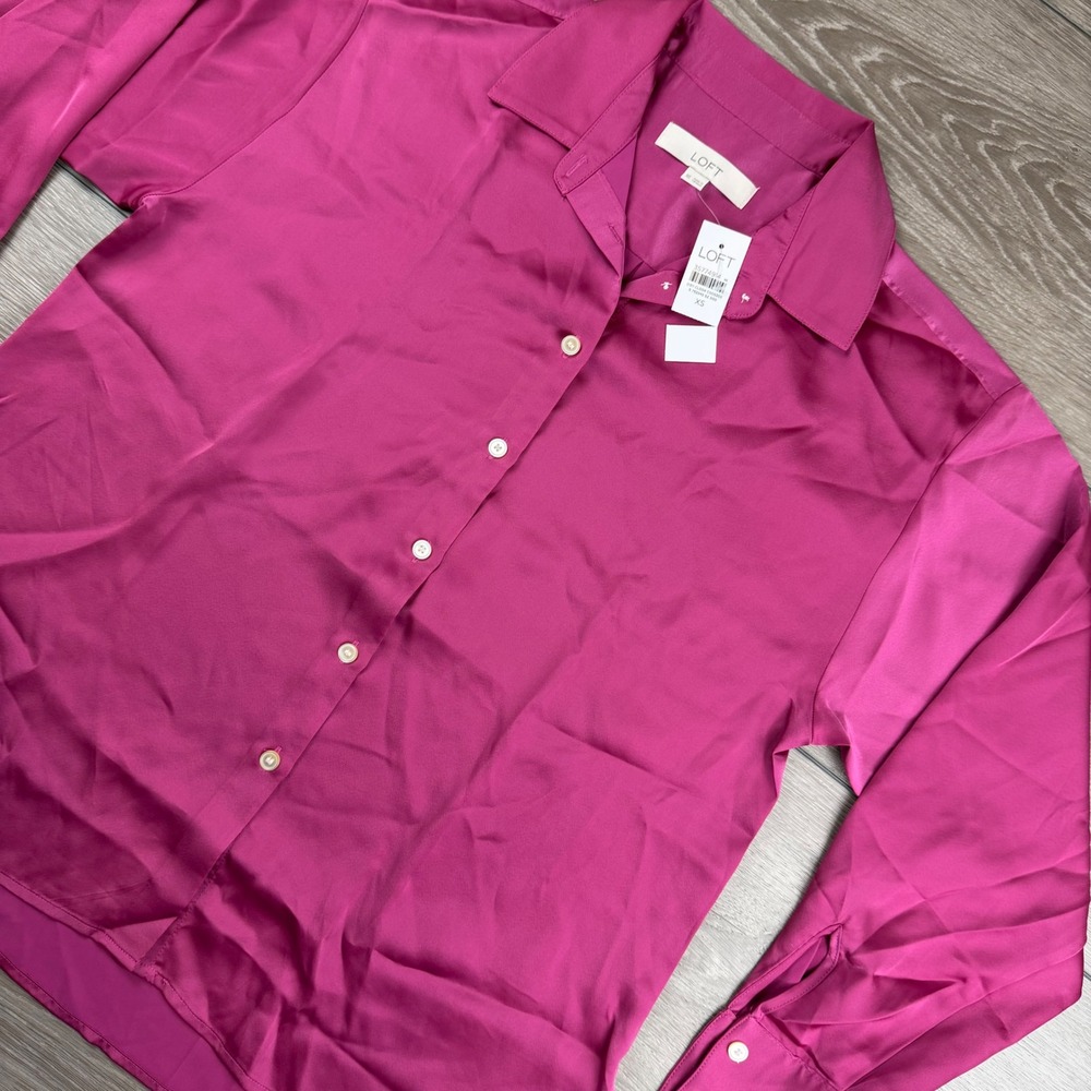 LOFT Womens Button Down Shirt Satin Long Sleeve Magenta Pink XS